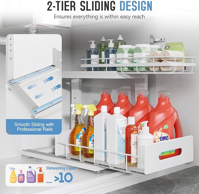 Under Sink Organizer Upgrade To Professional Rails,2-Tier Dual Pull Out Cabinet Storage,Height Adjustable Slide Out Drawers For Bathroom Kitchen,2 Pack-14.5"Dx12.8"-16.9"H,White