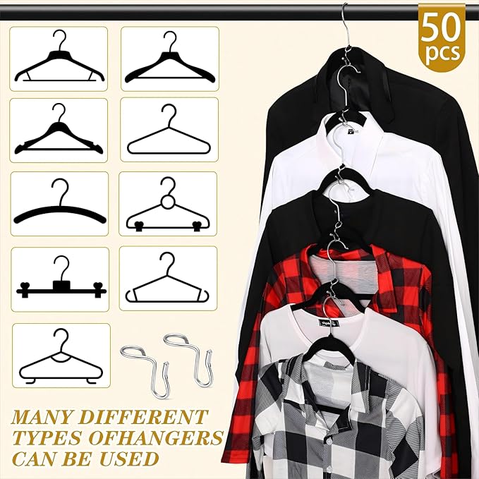 Sratte 50 Pieces Clothes Hanger Connector Hooks, Metal Clips Extender Hooks for Velvet Hangers Closet Space Saving(Silver,50 Pieces)