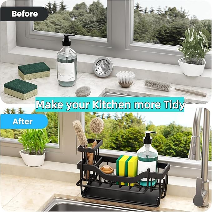 Sponge Holder for Kitchen Sink with Auto Draining Tray,Kitchen Sink Caddy Organizer with Rag Holder, Rustproof Stainless Steel Kitchen Organizers Soap Dispenser Storage Organize