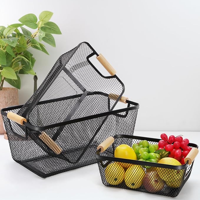 3 Pack Metal Mesh Basket with Wooden Handle, Farmhouse Wire Steel Storage Bins, Rectangle Fruit Vegetable Organizer Containers for Home Cabinet Pantry Kitchen Decor, Snack Gift (Black, 3 Size)
