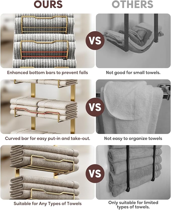 Hanging Towel Racks for Bathroom No Drill - Over The Door 8-Tier Bath Towel Storage Organizer for Small Bathrooms - Back Door Large Tiered Towel Holder Hanger for Rolled Towels RV Camper Gold