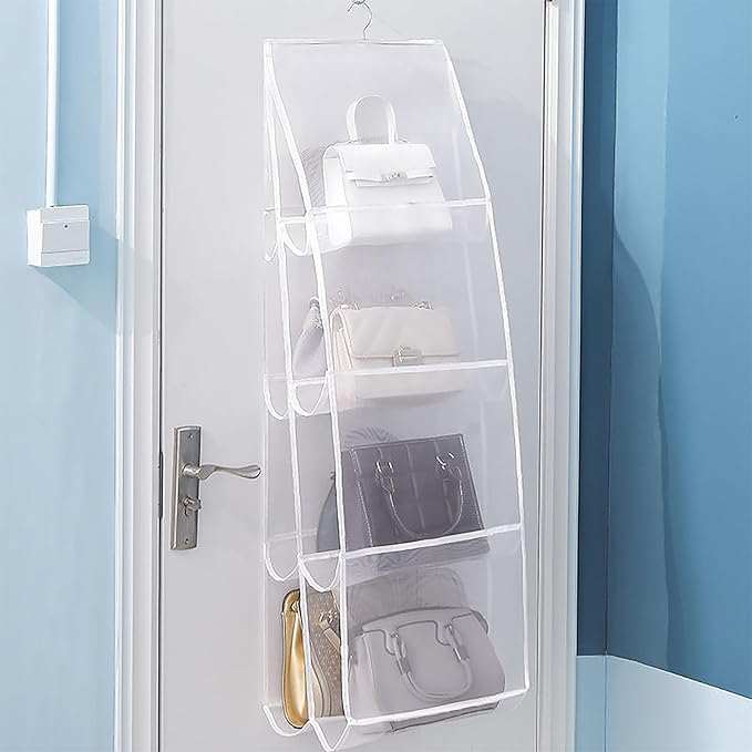 AARAINBOW Hanging Handbag Organizer for Closet, 8-Pocket Purse Storage Holder, Space-Saving Wardrobe Organizer for Women, 44.5" L x 13.5" W (A-White)