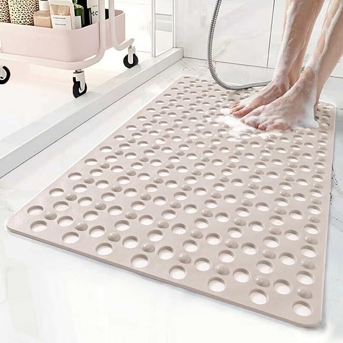 BREELEAM Non Slip Bathtub and Shower Mat 31x17 inch,Bath Mat with Quick Dry Drain Holes and Suction Cups, Soft Comfortable Safe Bathroom Mat for Bath Tub, Floor, Tile (Khaki)
