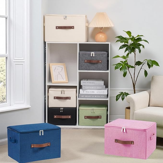 Storage Bins with Zipper Lid Foldable Fabric Lidded Storage Boxes Baskets Cubes Washable Collapsible PU Leather Handle Cotton Linen Shelves Closet Organizer Container(Pink, Large Size)