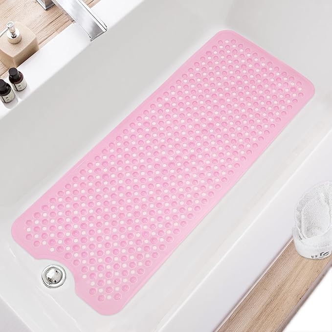 Bath Tub and Shower Mats, Non Slip 40 x 16 Inch Extra Large Bathtub Mat, Machine Washable Bathmat with Drain Holes, Suction Cups for Bathroom Floor, Clear Pink
