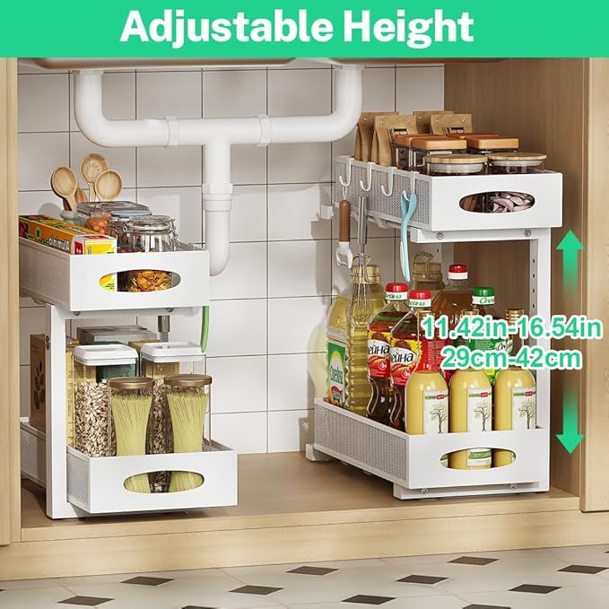 Under Sink Organizer 2 Tier, Pull Out Cabinet Storage with 5-Level Adjustable Height, Thickened Carbon Steel Sliding Under Cabinet Shelf for Kitchen, Bathroom, Laundry Room, White