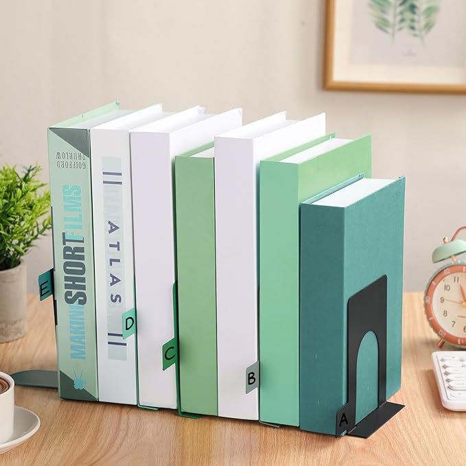 5 Set Metal Book Ends for Shelves Book Shelf Dividers Library Shelf Marker Bookends Stopper Colorful Office Stand Holder for Heavy Books Desk Home Movies Kitchen Cds(Gray Green)