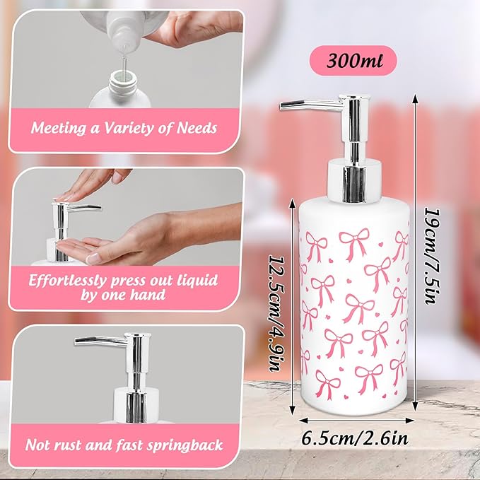 Pink Bow Soap Dispenser Coquette Bow Knot Mini Heart Glass Soap Dispenser with Pump Refillable Liquid Soap Container for Bathroom Kitchen Countertop Decor