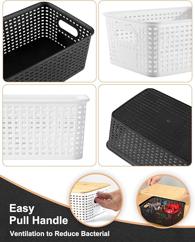 Storage Bins with Bamboo Lids, 6 Pack Plastic Storage Baskets and Storage Containers, Storage Baskets for Organizing Shelves Drawers Desktop Closet Playroom Classroom Office Home, Black