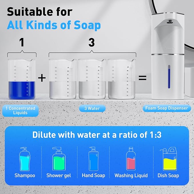 Automatic Soap Dispenser,Touchless Hand Wall Mount Rechargeable 3 Gear Adjustable Electric Soap Dispenser 350ml with Infrared Motion Sensor for Bathroom,Kitchen,Office, White Foam