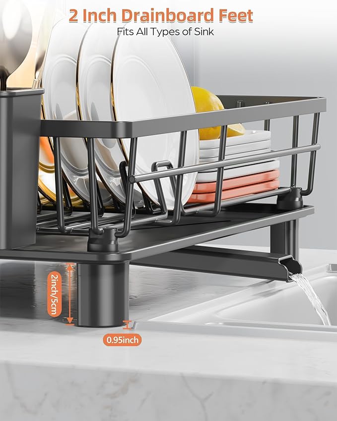 Dish Drying Rack for Kitchen Counter, Stainless Steel Drainer Anti Rust, Smart Drainage System Drainboard with Detachable Cutlery Holder, Handwash Dish Helper for Home, Apartment Space Saving