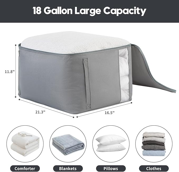 Comforter Storage Bags, Durable Oxford Fabric Clothes Organizer for Closet, Washable Collapsible Large Storage Containers for Clothing Blanket Linen Bedding, 3 Pack (Grey, 18 gallon x 3)