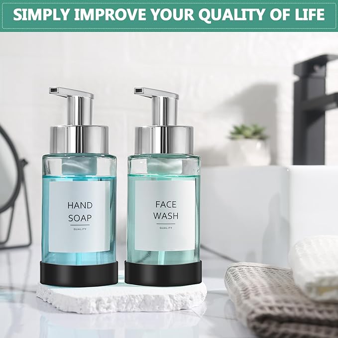 Glass Soap Dispenser, 10 oz/300ml Foaming Soap Dispenser, 2 Pack Foaming Hand Dispenser with 2 Non-Slip Silicone Bottom Sleeve, Clear Refillable Foam Soap Bottle with Silver Pump