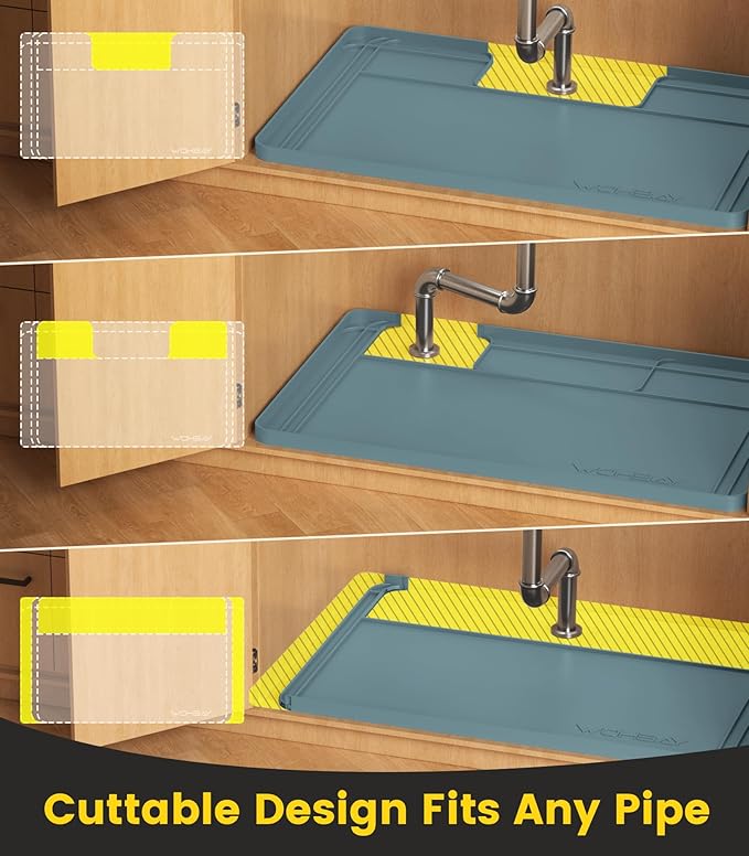Wohbay Under Sink Mats for Kitchen Waterproof, 34" X 22" Or Smaller Cut to Fit Under Sink Drip Tray for Kitchen Bathroom Cabinets, Silicone Sink Liner Hold Up to 3.3 Gallons Liquid - Teal