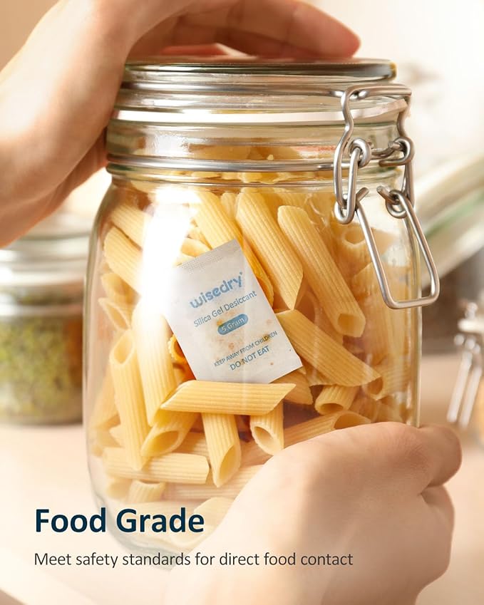 wisedry 5 Gram [60 Packs] Food Grade Silica Gel Packs Rechargeable Desiccant Dehumidifiers Pouches with Color-Indicating Beads Reusable Moisture Absorbers for Food Storage