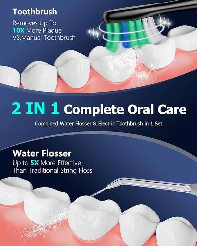 Electric Toothbrush with Water Flosser Combo: 600ML Large Water Tank & Ultrasonic Cleaning- Gum Care & Whitening- 5 Brush Modes & 10 Pressure Settings for Family Use, Black