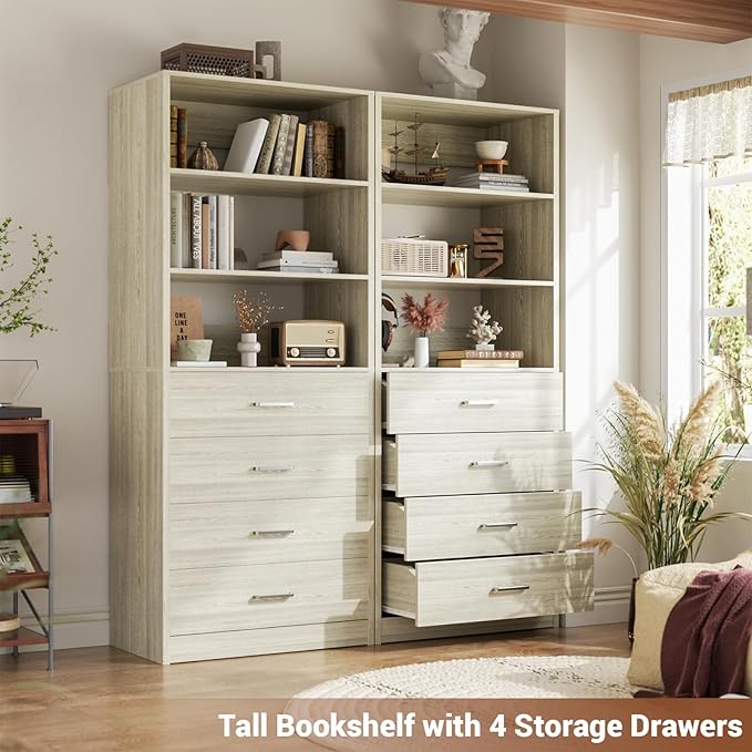 Aheaplus Closet Drawers Organizer System, 21.3" Wood Closet System with 4 Drawers, Modular Walk-in Closets Storage Unit, Tall Bookshelf Storage Cabinet, White Oak