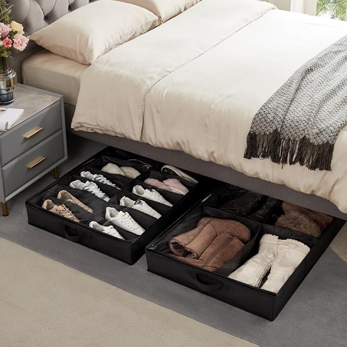 Lifewit Under Bed Shoe Storage Organizer 4 Pack(2x16 Pairs+2x4 Pairs), 4.3" Tall Fabric Shoes Container Box, Foldable Closet Shoe Bag with 2 Reinforced Handles and Clear Cover, Black