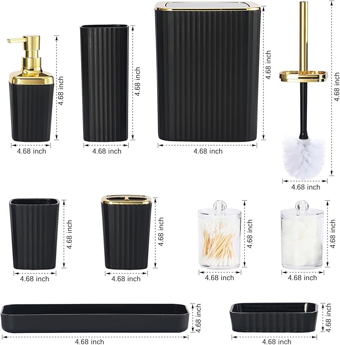 Black Bathroom Set, 23 PCS Black Bathroom Accessories Set with Shower Curtains, Trash Can, Toothbrush Holder, Soap Dispensers, Toothbrush Cup, Vanity Tray, Soap Dish, Toilet Brush, Qtip Holders