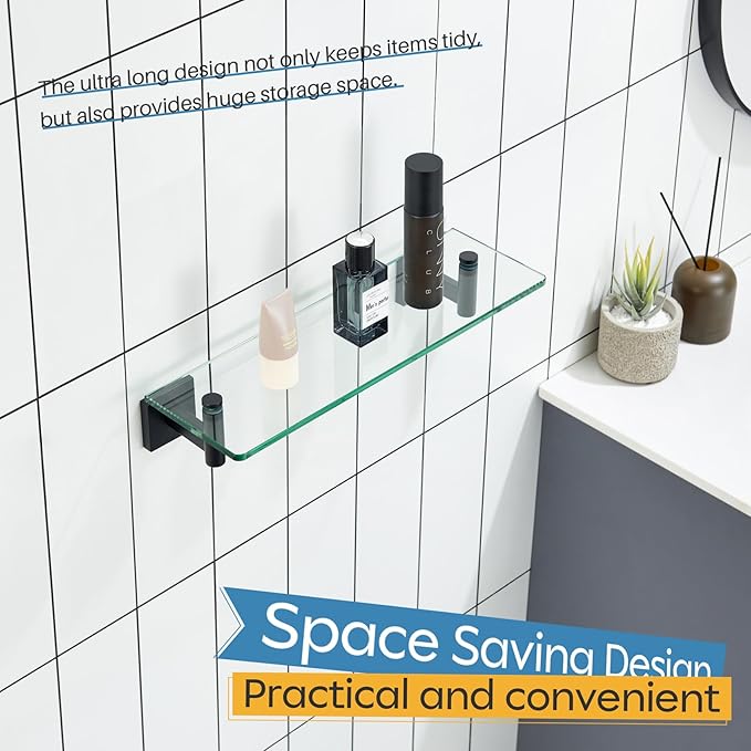 KOKOSIRI Bathroom Shelves Glass Floating Shelf 16-Inch for Bedroom, Living Room, Kitchen, Small Hanging Rack Rustproof Wall Mounted Black B1105BK-L16