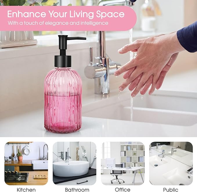 2 Pack Stripe Glass Soap Dispenser with Black Plastic Pump, 400ml Liquid Hand Soap Dispenser, Rustproof Pump for Kitchen & Bathroom, Great for Lotions, Essential Oil, Liquid Soaps- (Pink)