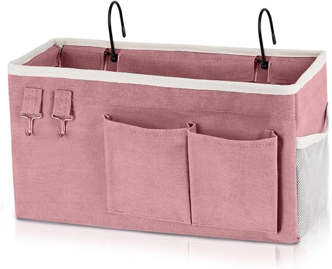 ADVANCELLPRO Bedside Caddy Organizer Hanging Storage Bag with Pockets for Books, Magazines, Phone, Tablet & Water Bottle – Bedside Storage for Dorm, Bunk Beds, Hospital Beds & Cribs, Pink