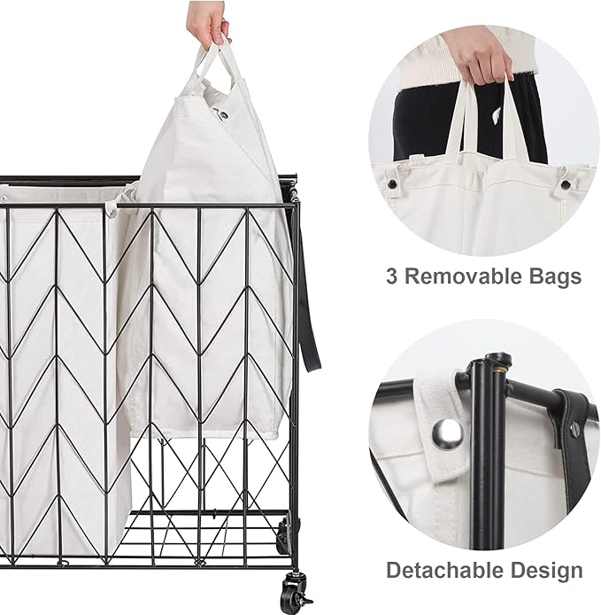 WOWLIVE Laundry Basket with Wheels, 142L Laundry Hamper 3 Section with Lid, Dirty Clothes Hamper with Removable Bags, Large Capacity Iron-Made Laundry Basket Organizer Laundry Sorter for Dorm, Beige