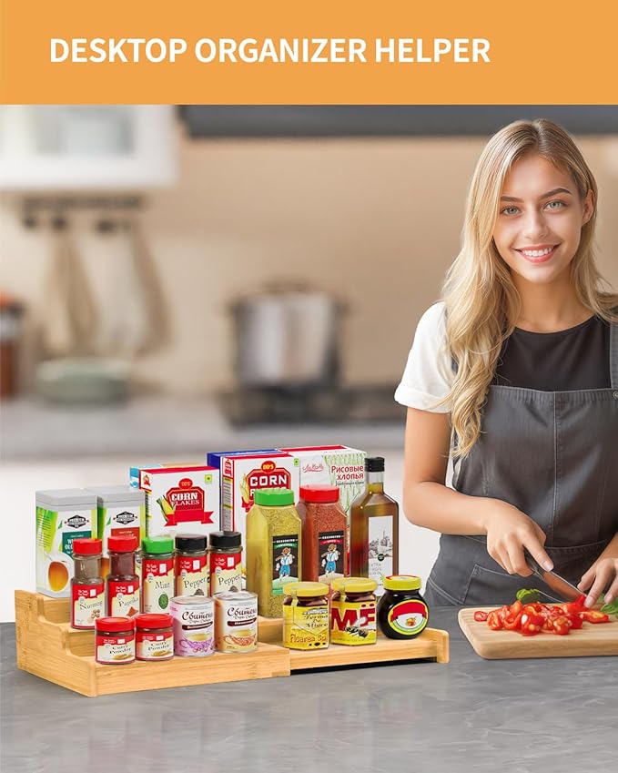 Spice Rack, 3-Tier Expandable Bamboo Spice Rack Organizer for Cabinet - Kitchen, Pantry and Cupboard Storage Organizer