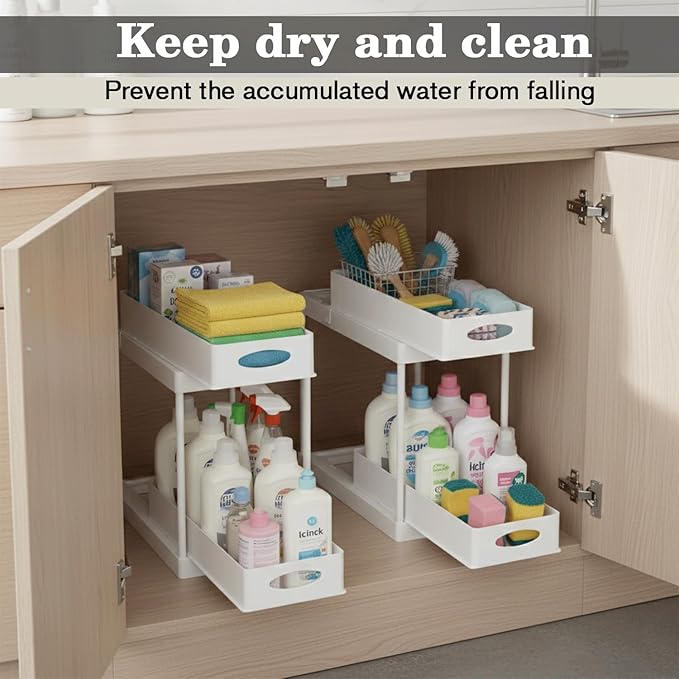2 Pack Under Sink Organizer, Pull-Out Cabinet Storage Organizers for Bathroom & Kitchen, Multi-Purpose Under Counter Shelf Rack for Cleaning Supplies, Bottles & Toiletries, Cabinet Organizer (White)