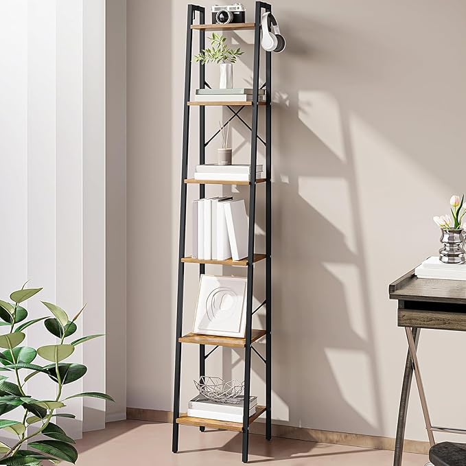 Ladder Shelf, Bookshelf Bookcase, Freestanding Corner Storage Shelve with 2 Hooks for Home Office, Living Room, Kitchen, Bedroom, Industrial, 11.8"D x 13.4"W x 72.8"H, Rustic Brown BC13301B