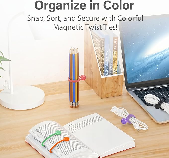Magnetic Cable Ties, 50 Pack – Reusable Silicone Snap-On Multi-Purpose Cord Organizer for Bundling Cables and Wires at Home, Office or Travel, 7.5 in, Assorted Colors
