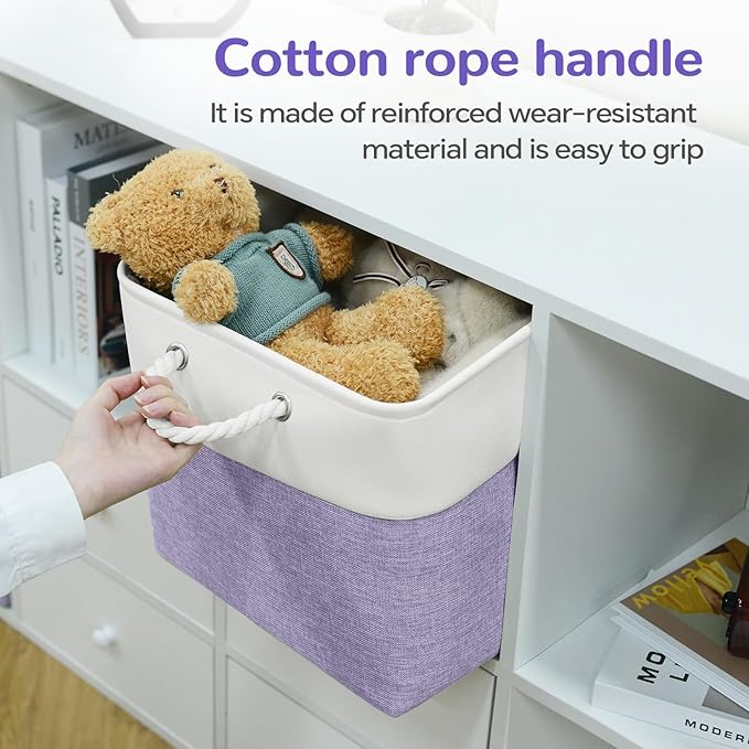 13 x 13 Inch Cube Storage Bins, 6 Pack Fabric Storage Basket with Handles, Foldable Boxes Organizer for Shelf Baskets for Home, Clothes (White/Purple)
