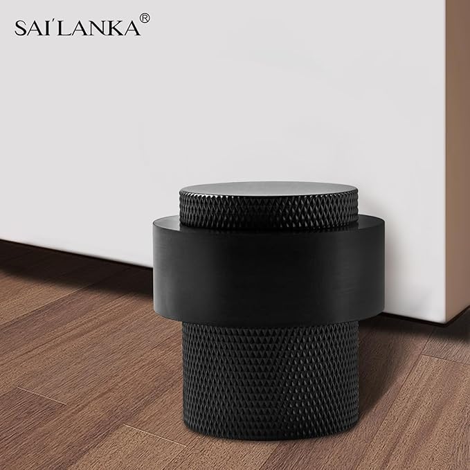 Solid Brass Door Stopper Heavy Duty Cylindrical Floor Mount Door Stop with Rubber, Wall Protector Mounted Doorstop Protect Door Knobs, 1-3/5" Height, 2 Pack, Matte Black