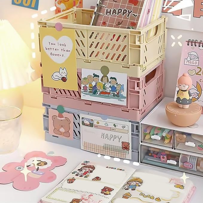 Small Pastel Plastic Storage Bins 2Pcs Foldable Pastel Crates Plastic Basket Colorful Storage Containers Baskets for Classroom Kitchen Office Bedroom Desktop Home Decor (Yellow 5.8" x 3.8" x 2.2")