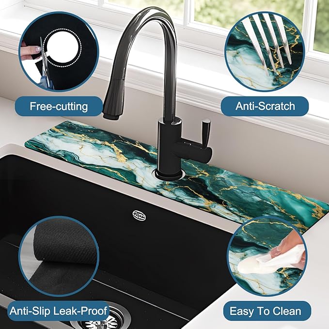Green Marble Sink Splash Guard Faucet Mat Liquid Gold Marble Super Absorbent Fast Drying Mat Sink Gadgets-Splash Guard Behind Faucet Drip Catcher for Kitchen Bathroom, 23.5"x5.5"