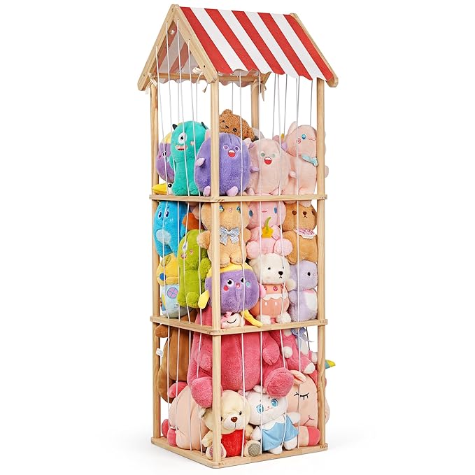Stuffed Animal Storage, Space Saving Vertical Stuffed Animal Holder Wood, Easy Assembly Cottage-Style Plush Toys Organizer for Kids Bedroom & Playroom (Wood, Large)