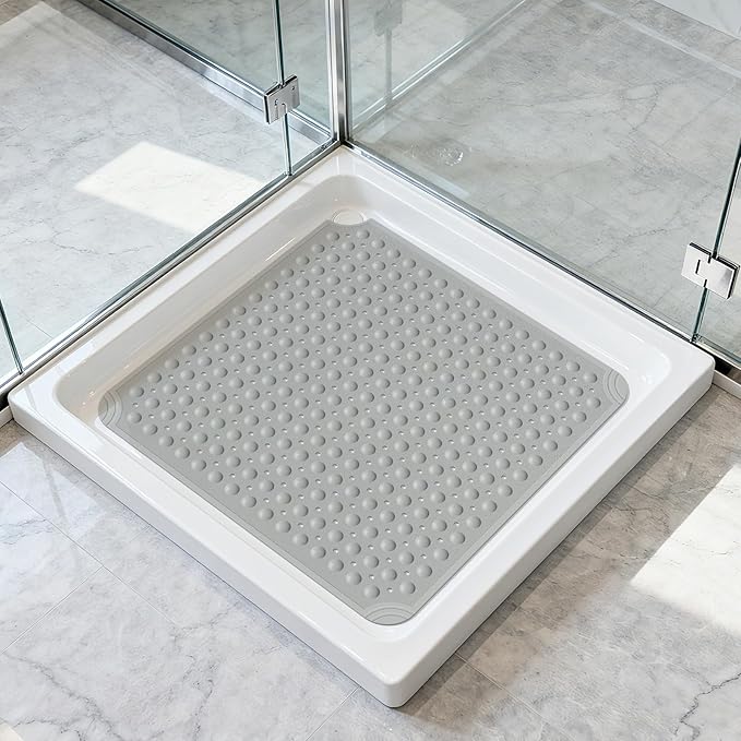 OTHWAY Square Shower Mat 32x32, TPE Non-Slip Shower Mats with Drain Holes and Suction Cups, Walk-in Mat for Inside Shower Stall, Anti-Slip for Elderly Kids (Dark Grey)