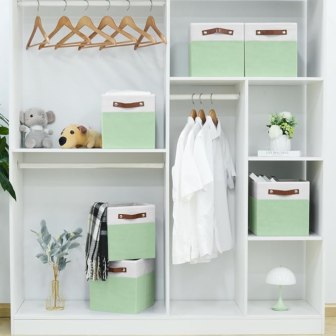 6-Pack Storage Cubes with Handles & Label Holders Basket, Closet Cube Home Organizer Bins(White/Green, 10.5*10.5*11 inch)