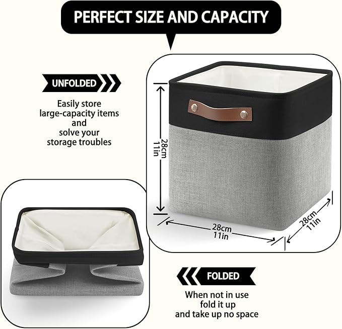 6-Pack Foldable Fabric Storage Cubes 11x11 Inch, Sturdy Cube Organizer Bins with Leather Handles, Storage Baskets for Closet Shelves and Home Organization(Black/Gray)