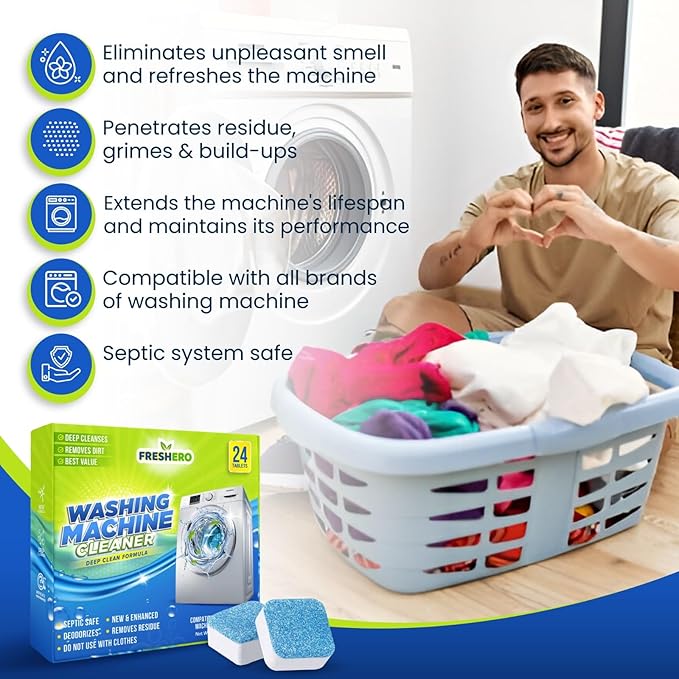 Washing Machine Cleaner Tablets 25 Pack for Front Load, Top Load & HE Washers, Removes Odors, Grime, & Limescale, Deep cleans the inner drum, pump, valve & hoses - Septic Safe, 1 Year Supply