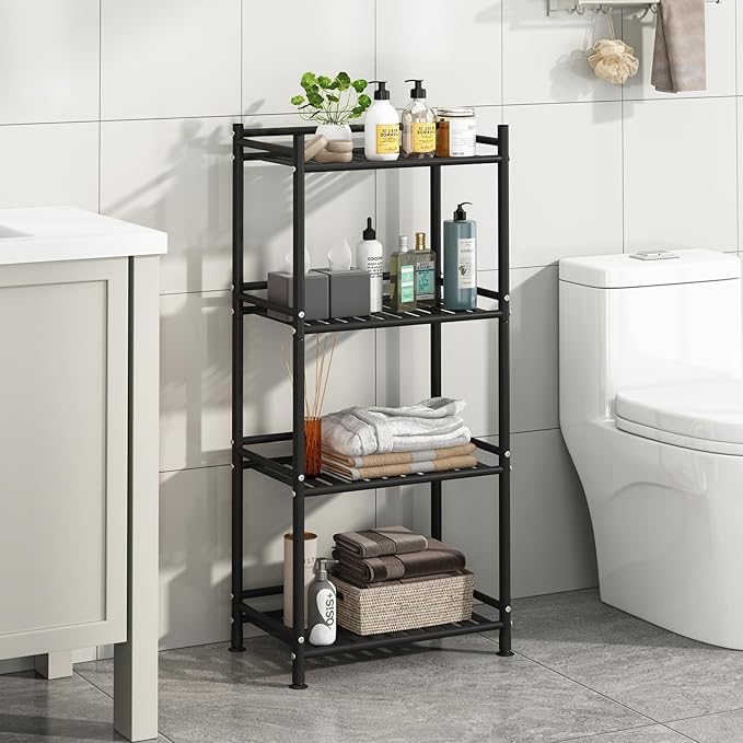 4 Tier Bathroom Storage Open Shelf Unit, Free-Standing Metal Corner Rack Shelving for Kitchen, Living Room, Hallway (Black, Wider 4 Tier)