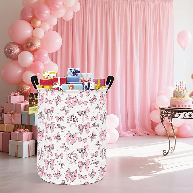 HUNRUNG Laundry Hamper,Large Canvas Fabric Lightweight Storage Basket Toy Organizer Dirty Clothes Collapsible Waterproof for College Dorms（Round-Pink Bow）