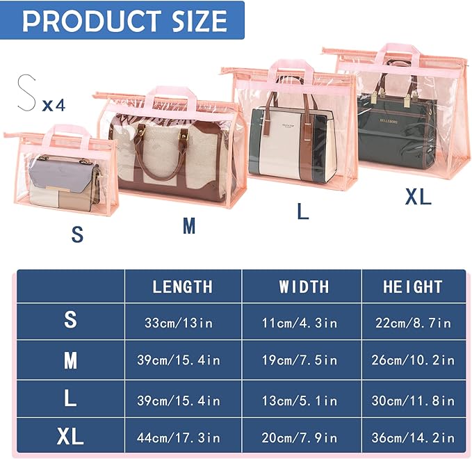 CINPIUK Handbag Dust Bags Clear Purse Storage Organizer for Closet Small to Extra Large Handbags Dust Free Bags Hanging Zipper Storage Bag with Hooks, (Pink, 4 Sizes-4PCS)
