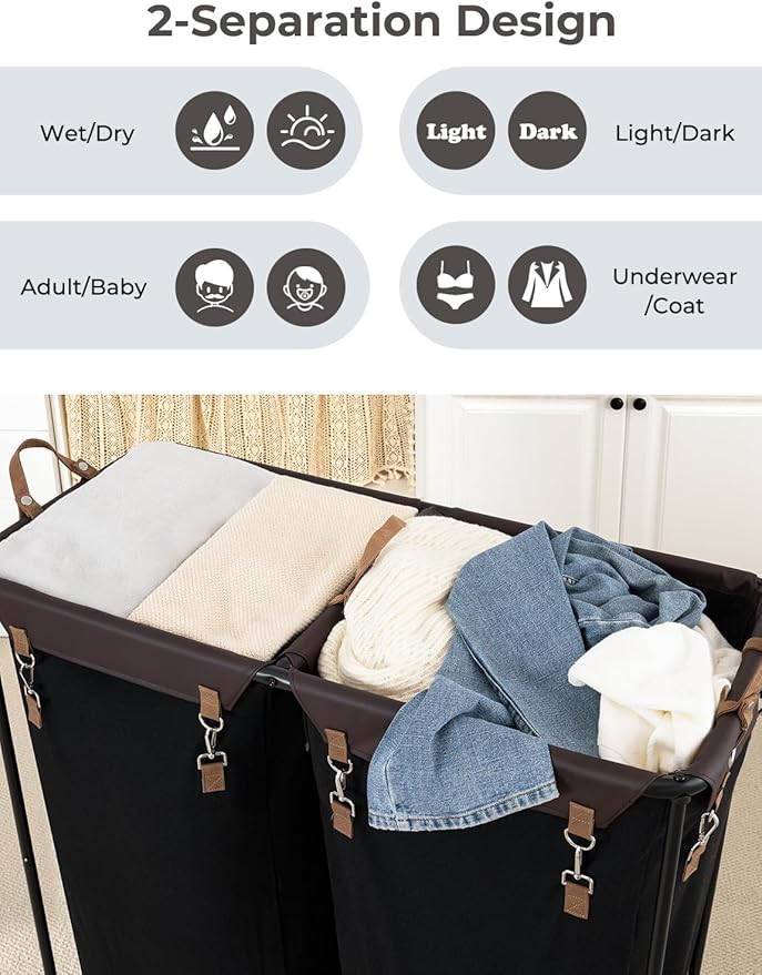 StorageWorks 390L Extra Large Laundry Hamper with Wheels, Laundry Basket with Wheels 2 Sections, Clothes Sorter Cart with Divider for Hotel, Home, Black, 1-Pack