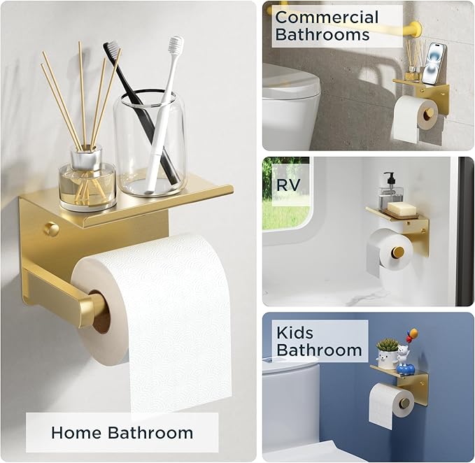 Toilet Paper Holder with Shelf, Adhesive or Screw Wall Mount Toilet Paper Roll Holder for Bathroom, 304 Stainless Steel Commercial Toilet Tissue Roll Dispenser with Phone Shelf (Brushed Gold)
