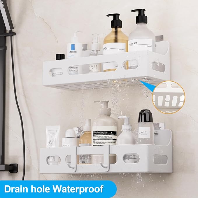 Shower Caddy Adhesive, No Drill Bathroom shower Organizers, with Removable Hooks, Rust Proof Shower Shelves, Self Adhesive Black Bathroom Shelves Basket Home Farmhouse Wall Inside Organization
