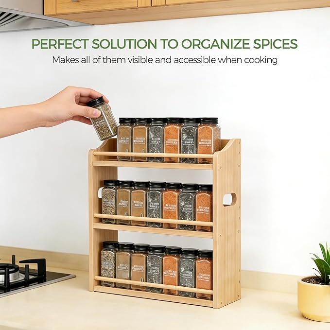 Bamboo Spice Rack Organizer, 3 Tier Spice Jars Storage Rack with Handles, Seasoning Shelf for Kitchen Counter or Wall