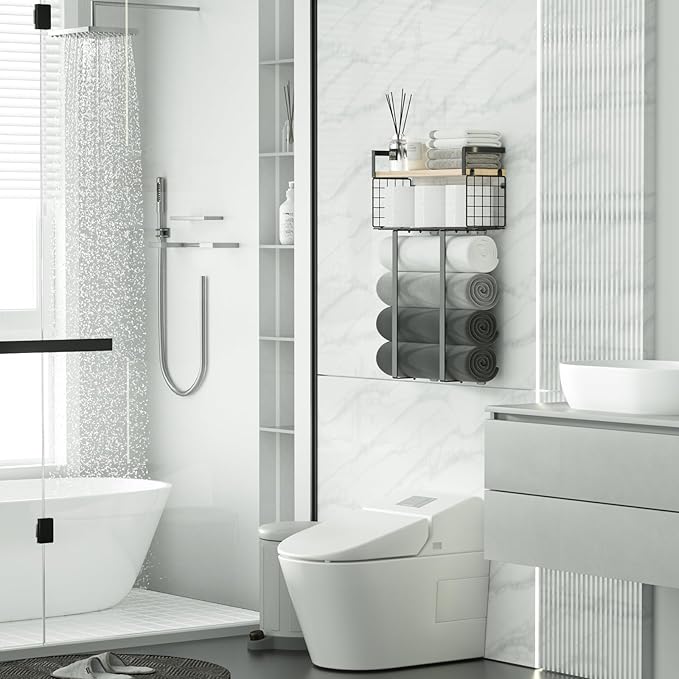 Towel Racks for Bathroom, Metal Towel Holder with Storage Basket,Wall Towel Rack for Rolled Towels, Towel Storage for Small Bathroom.