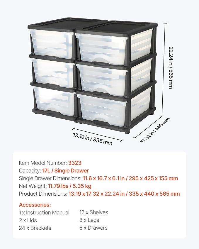 VEVOR Plastic Storage Drawers, 2 Pack Storage Organizer Drawer, 6 Drawers Closet Organization and Storage Dividers, Dresser Organizer Clear Bins for Office Supplies, Craft Rooms, Classrooms and Home