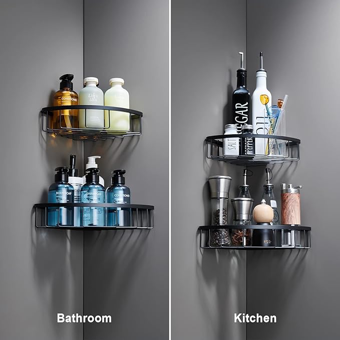 GORDEE [2 Pack] Corner Shower Caddy Shelf Organizer, Stainless Steel Heavy Duty Rust-Proof Shampoo Holder, Wall Mounted Storage Rack for Bathroom & Kitchen, Matte Black